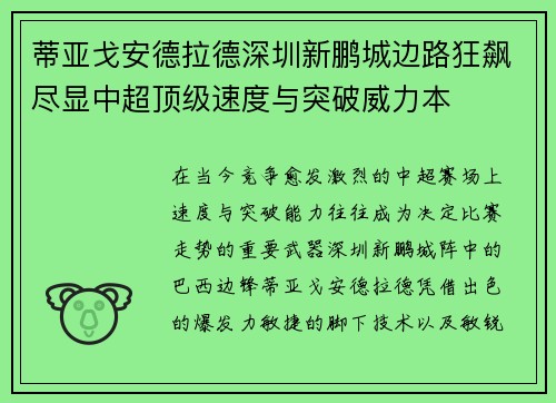 蒂亚戈安德拉德深圳新鹏城边路狂飙尽显中超顶级速度与突破威力本